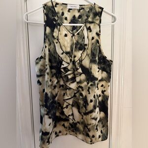 Calvin Klein sleeveless animal print sleeveless blouse with ruffle accent front